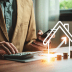 Person using calculator and phone beside stacked coins with rising property icon overlay
